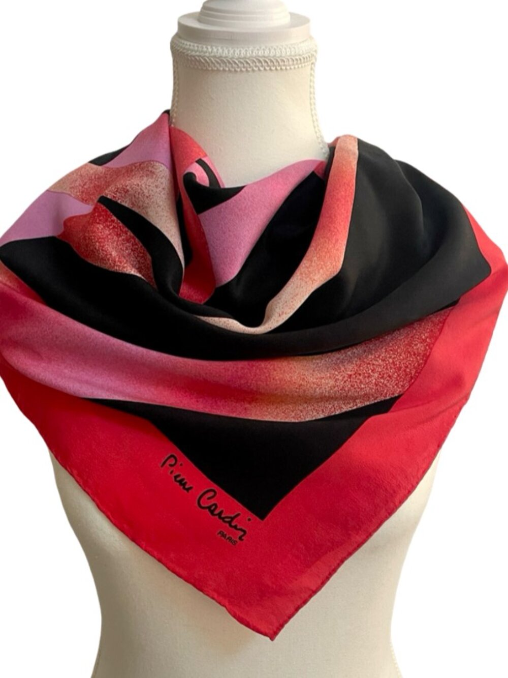 Pierre Cardin Paris Silk Scarf Pink Black Abstract Square Scarf Hand Rolled 33"